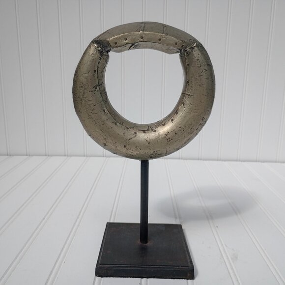 Metal Ring Sculpture on Cast Iron Stand Gilt Distressed Aluminum Wrapped Statue - Picture 3 of 10